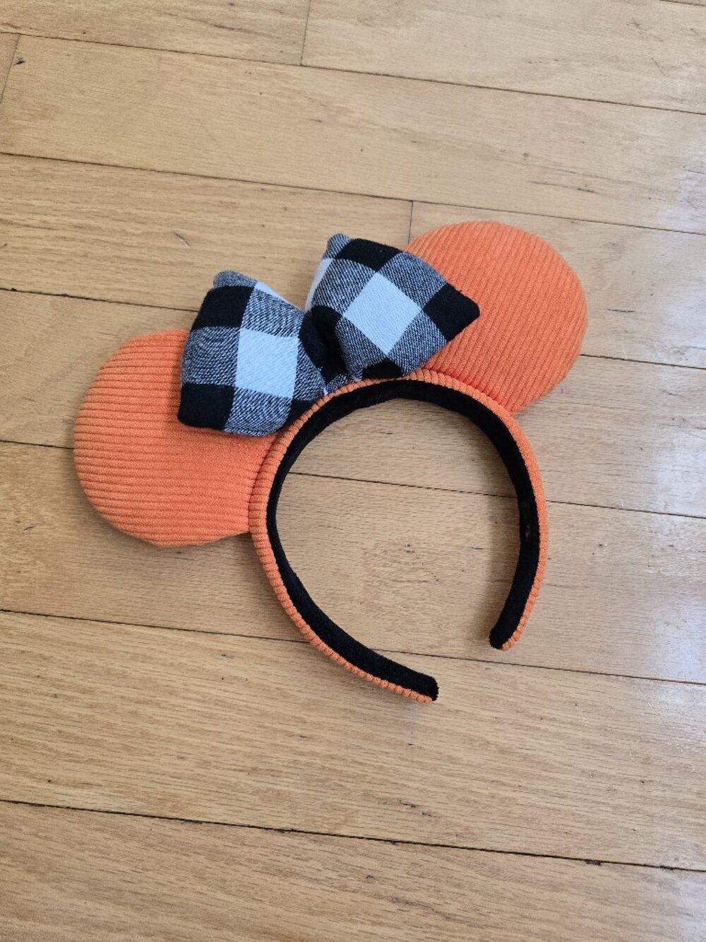 Disney Halloween orange corduroy black buffalo check Minnie Mouse ears headband